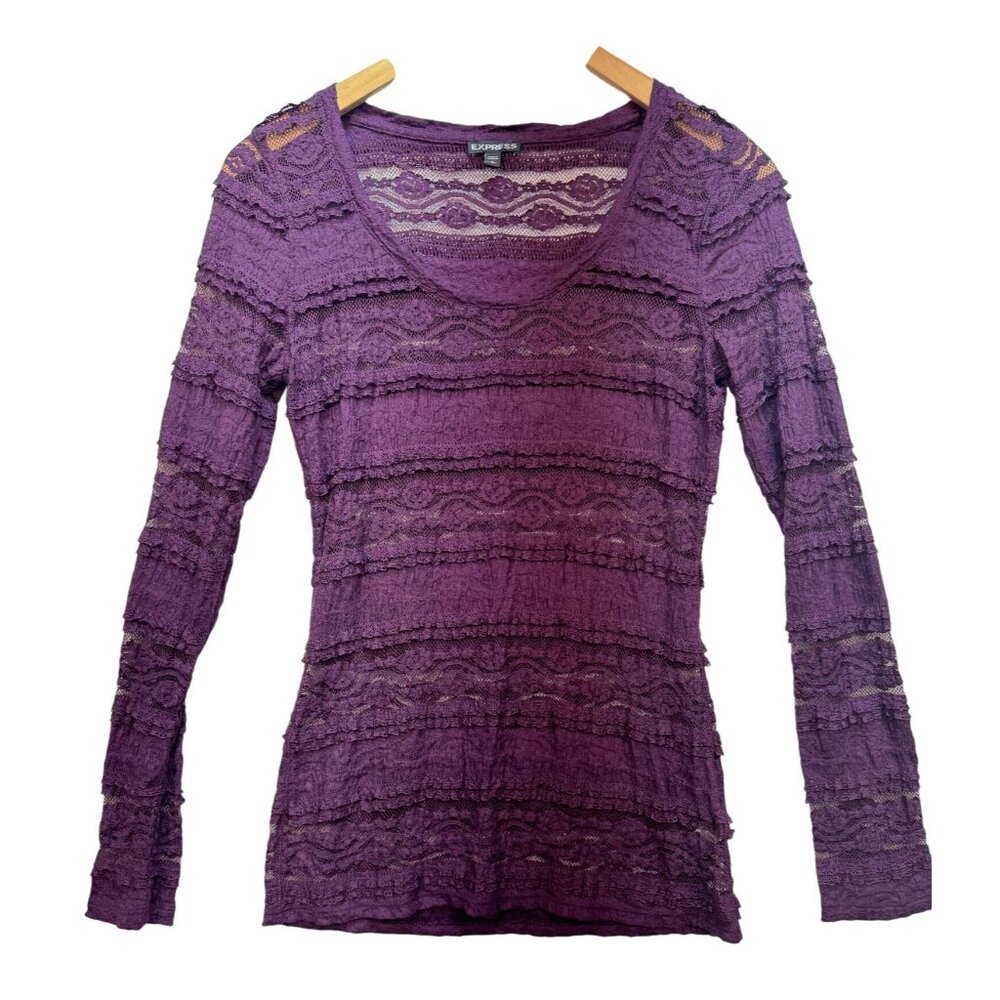 Express Womens Y2K Sheer Long Sleeves Top Size S Purple Lace Scoop Neck Retro